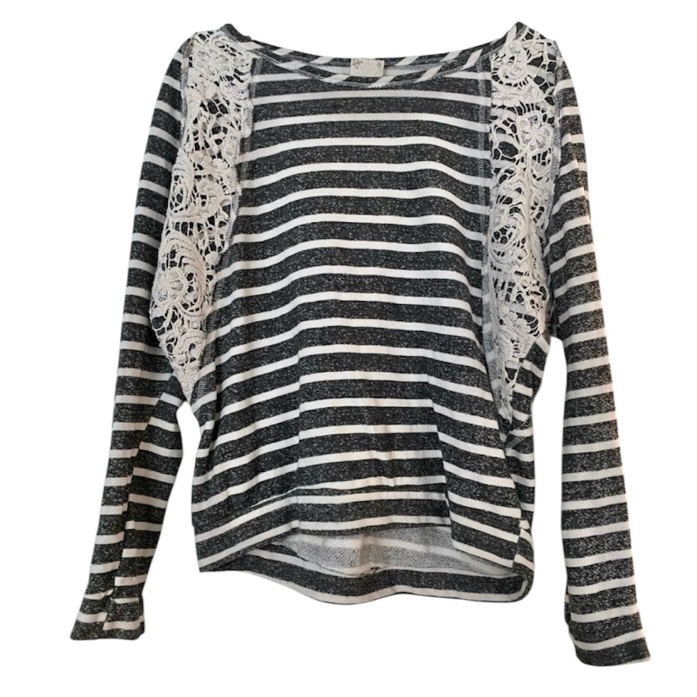 Blu Pepper Dark Gray & White/Cream Striped Sweater With Lace